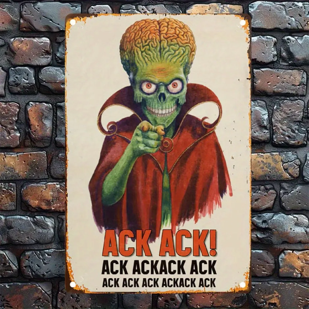 Flat 2D Vintage Mars Attack! Vintage Alien Metal Durable Metal Wall Art, High-Quality Print, Green Skull Alien