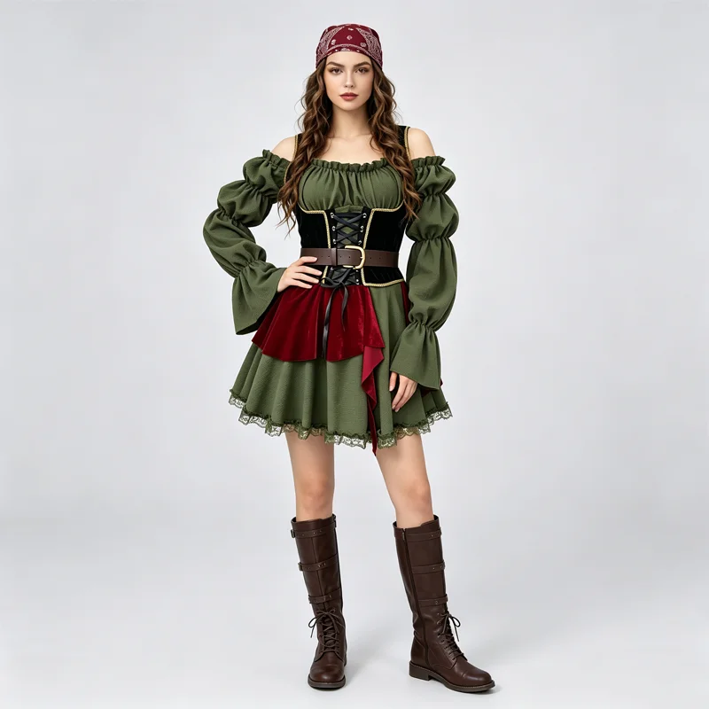 Disfraz de Pirata para Mujer, Vestido Medieval Renacentista (Incluye Cinturón y Tocado), Disfraz de Cosplay para Fiestas Temáticas de Halloween y Carnaval
