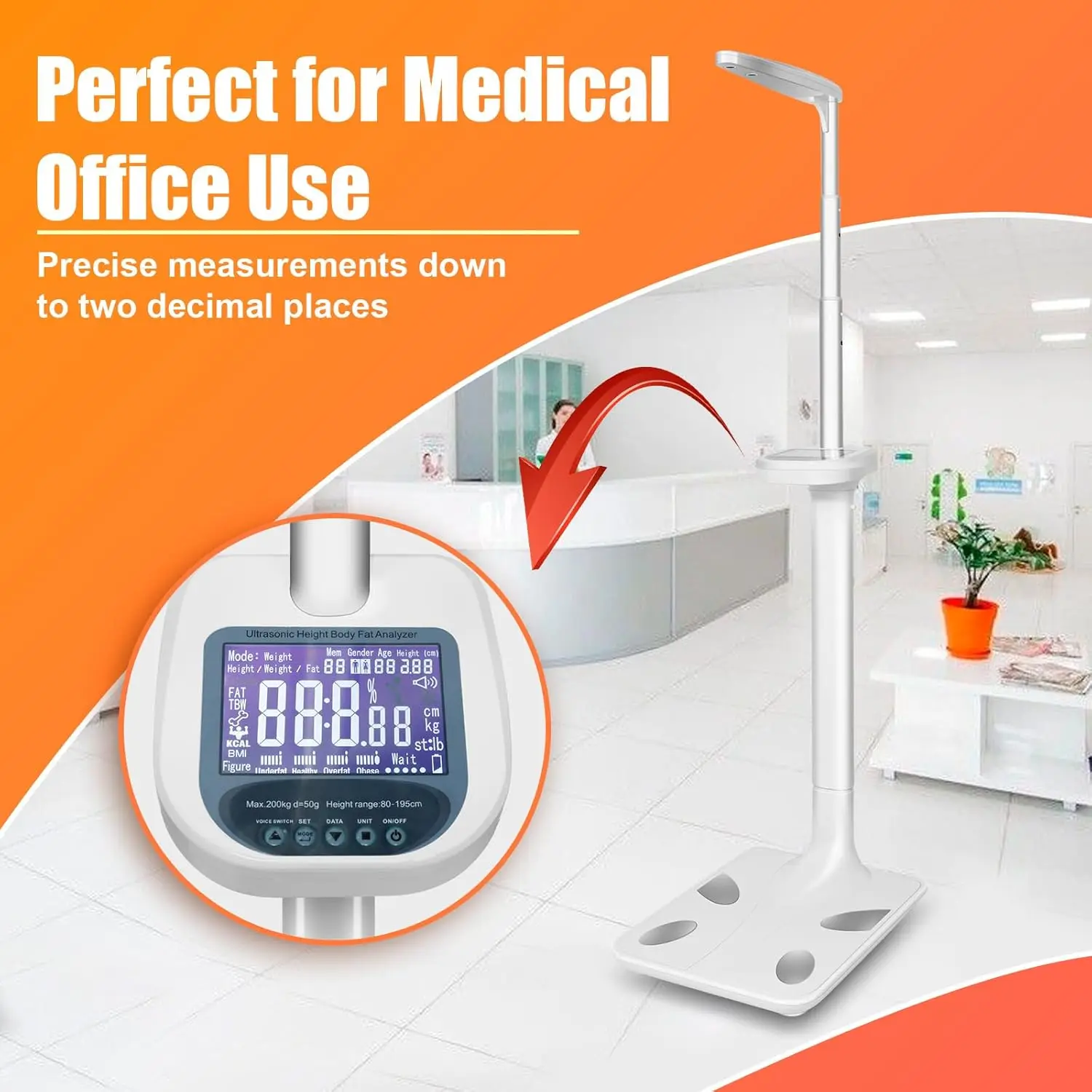 Professional Physician Scale 440Lbs Capacity, Medical Grade High Precision Lcd Display, 2.6-6.4 Ft Height Scale Range, For Body