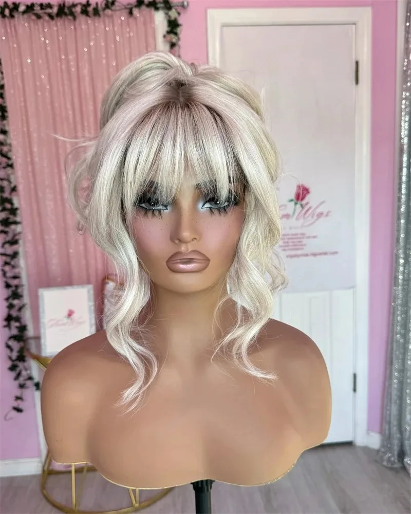 Loose Wave Lace Front Wig with Bangs Ombre White Blonde With Short Roots Women Synthetic Premium Fibre Heat Resistant Party Wear