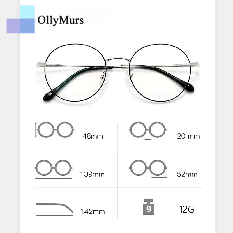 OLLYMURS للجنسين ريترو مستدير بيتا تيتانيوم خفيفة الوزن للغاية إطارات النظارات لتصحيح قصر النظر العصرية النظارات البصرية الموضة