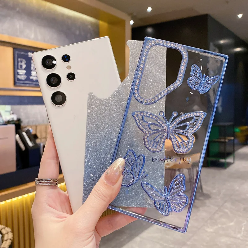 Capas de telefone borboleta brilhante para Samsung Galaxy S25 S24 Ultra S23 capa traseira de strass