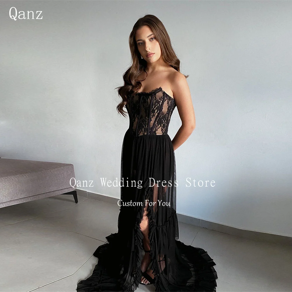 

Qanz Black Chiffon Evening Dresses Strapless Lace High Slit Robe De Soirée Dubaï Luxe Rufles Corset Party Dresses Customized