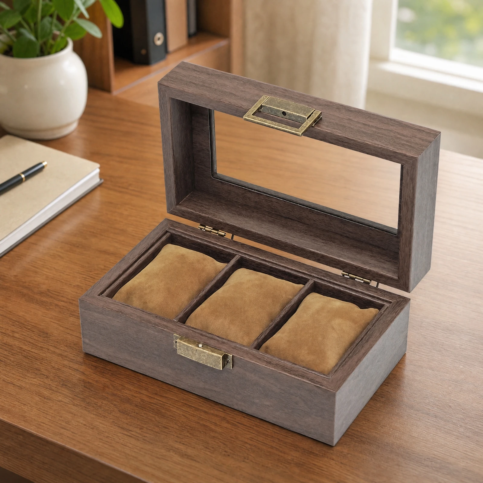 3 Pieces Wood-Grain Watch Box with Glass Lid Multi-Functional Vintage Watch Case with Divided Compartments Rustic Velvet Lined