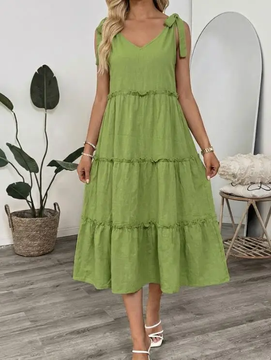 

Women Dress 2026 Summer Loose Solid Color V-Neck Bow Tie with Black Fungus Edge Splicing Sleeveless Dress Suitable for The Beach