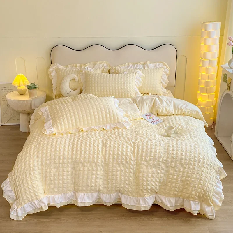 

Luxury Ruffled Seersucker Duvet Cover Set Soft Solid Color Bedding Set with Bed Sheet Pillowcases Queen King Size Bedding Set