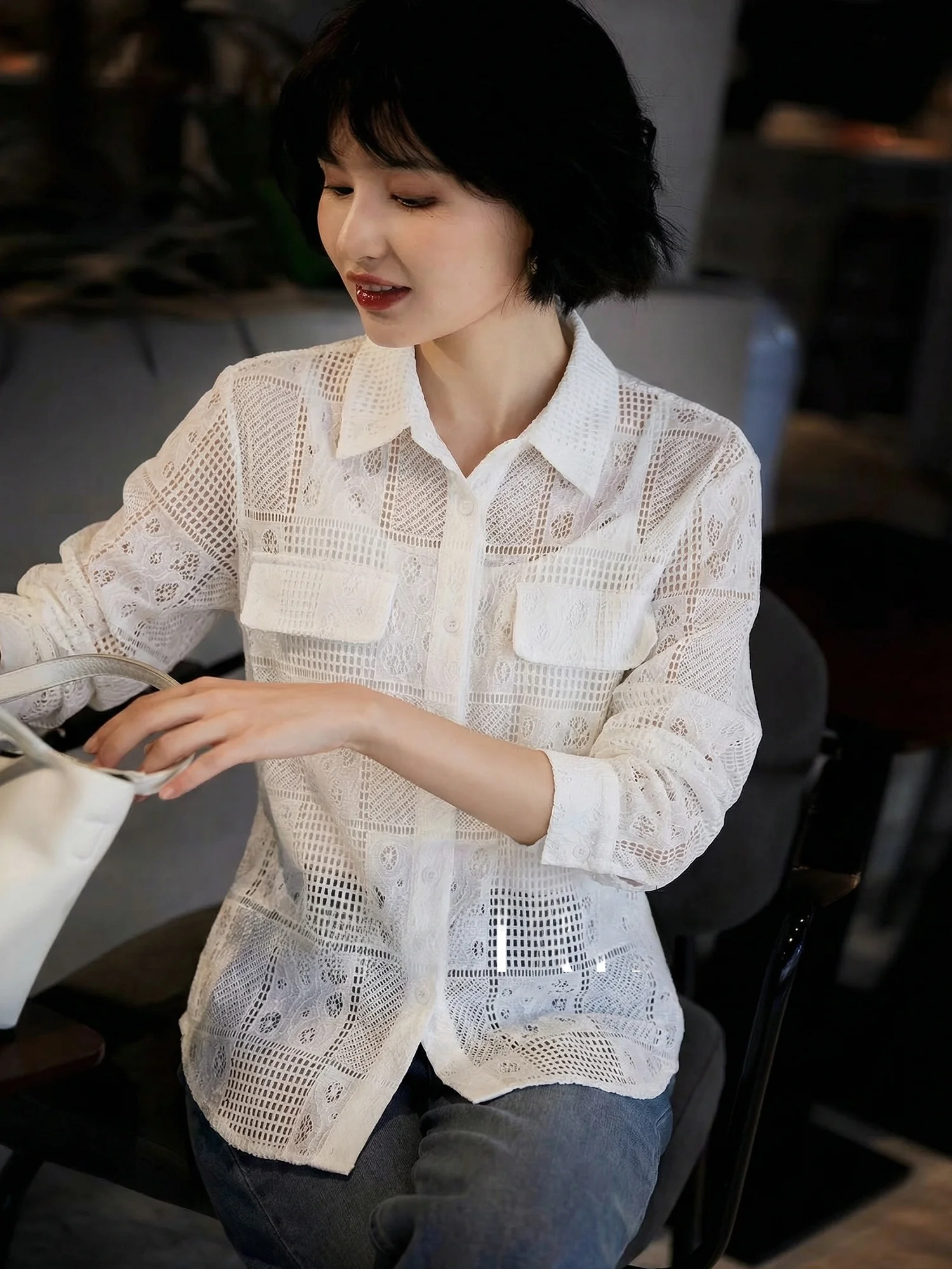 

Chivirin Lace Long Sleeve Cotton Shirt Women's Casual Commute Spring Summer Double Pocket Eyelet Top Skin-friendly Breathable