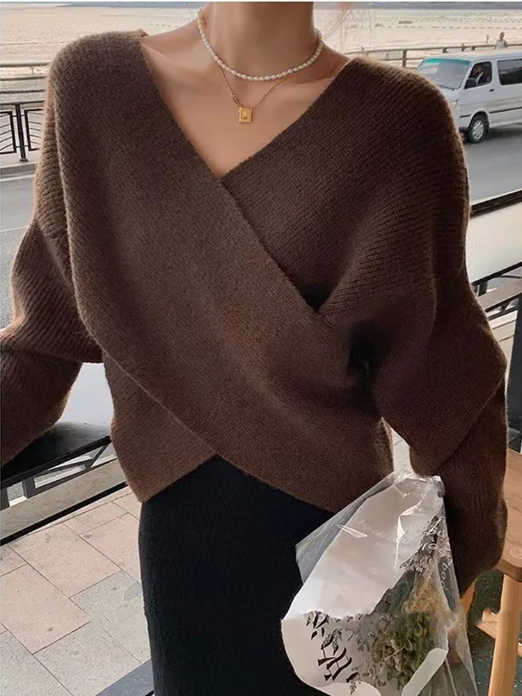 เสื้อสเวตเตอร์ไหมพรมคอวีแขนยาวแฟชั่นใหม่สไตล์เซ็กซี่สำหรับผู้หญิง  เสื้อสเวตเตอร์ลำลองสำหรับผู้หญิง  เสื้อไหมพรมสำหรับสุภาพสตรีทำงานในฤดูหนาว