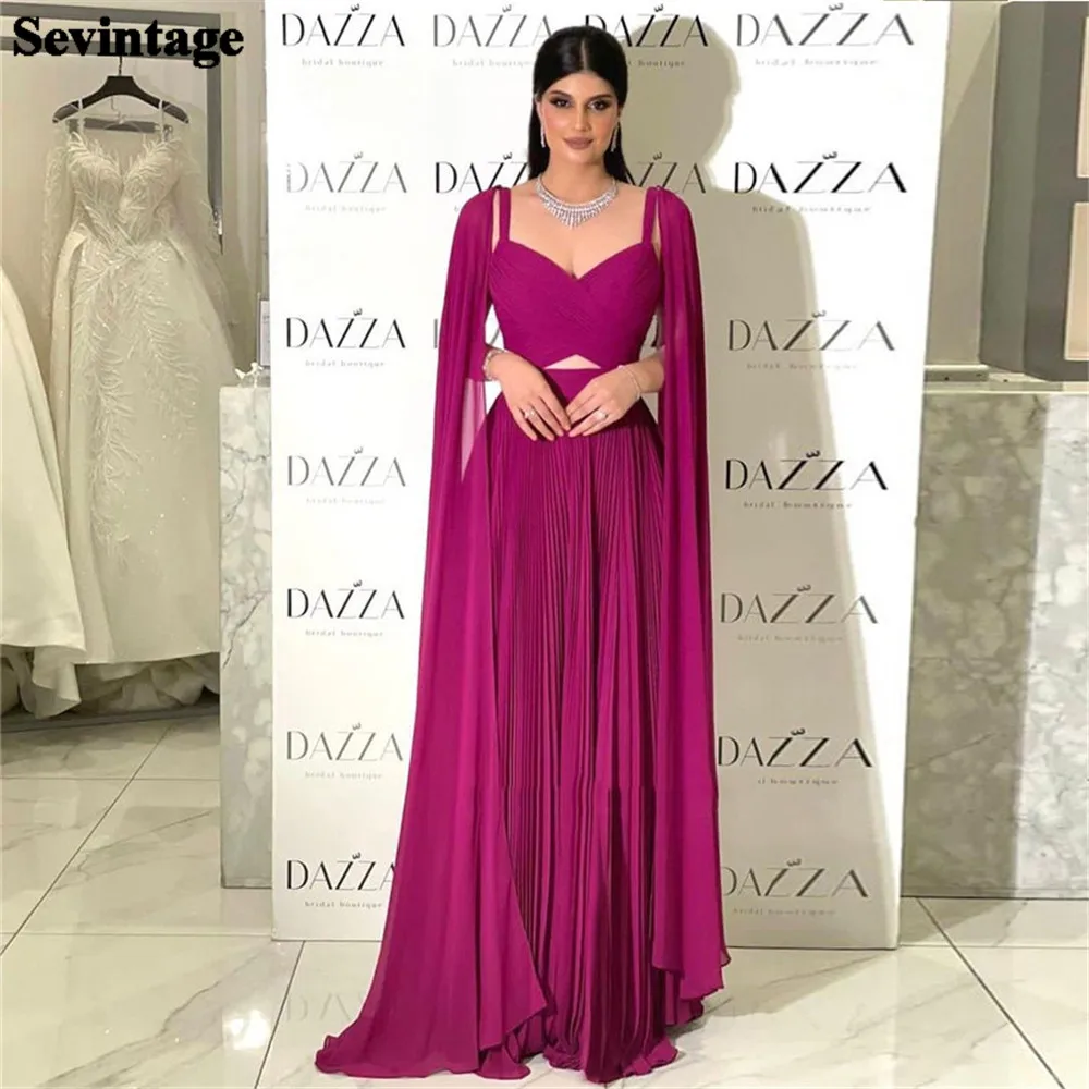 Sevintage A Line Chiffon Formal Evening Dresses Saudi  Arabic Long Cape Sleeves Spaghetti Strap Women Prom Gowns Party Dress