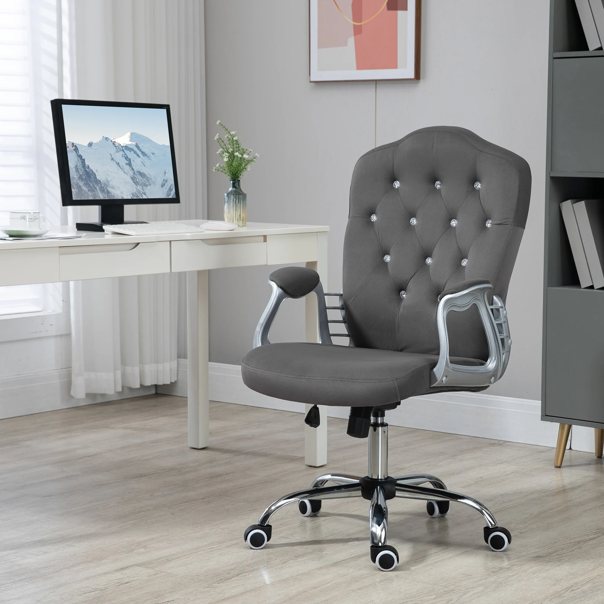 Vinsetto Home Office Chair, Velvet Computer Chair, Button Tufted Desk Chair with Swivel Wheels, Adjustable Height, Dark Gray