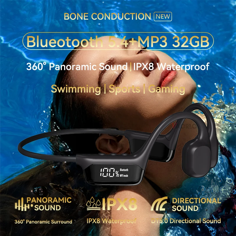 

Bone Conduction Wireless Headphones IPX8 Waterproof Swim Sports Earphone 32G MP3 Bluetooth 5.4 Headset with Mic Ear-hook Hifi