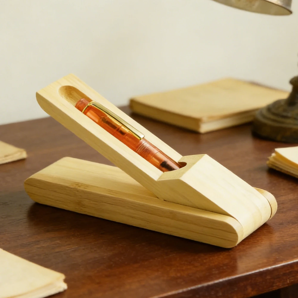 Portable Foldable Bamboo Pen Case Single Pen Box Travel Pencilcase Desk Organizer Display Stand Stationery