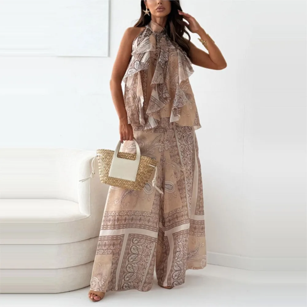 

Модный топ без рукавов с принтом, женский костюм, новый летний уникальный топ с рюшами, повседневные свободные широкие брюки, женский комплект из двух предметов