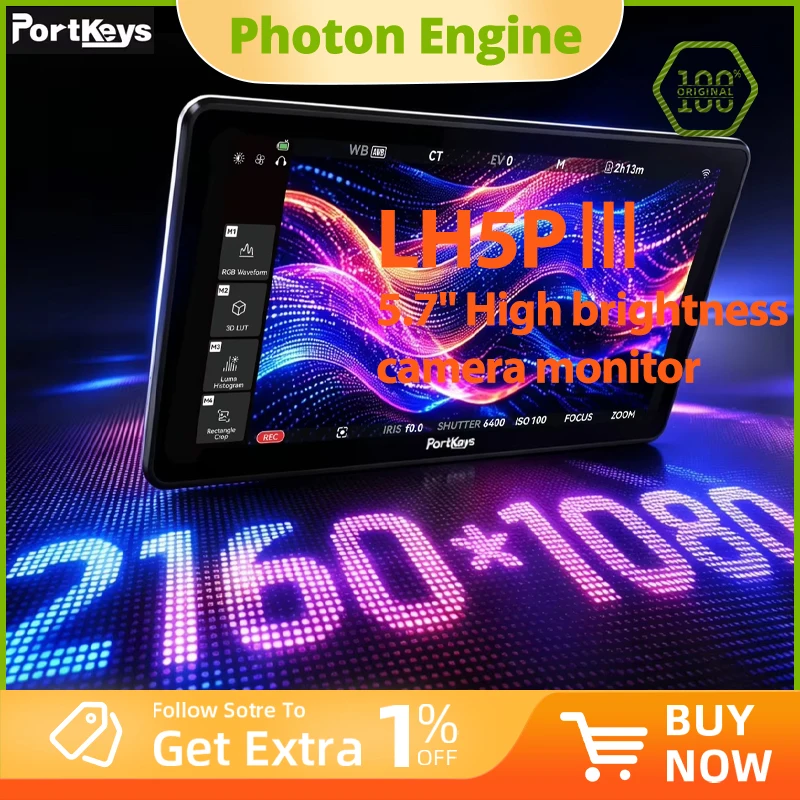 Portkeys LH5P III 5.7 Inch High Brightness 2000nits Camera Field Monitor Touchscreen 4K HDMI with Camera Control for DSLR Camera