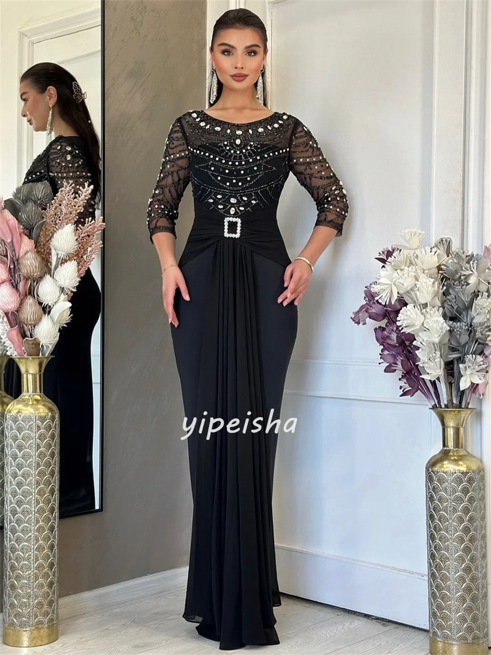 Szyte na miarę wysokiej jakości, dopasowane sukienki syreny z szyfonu, z dżetami, plisami, dekoltem w serek, długie sukienki na specjalne okazje, nowoczesny styl.