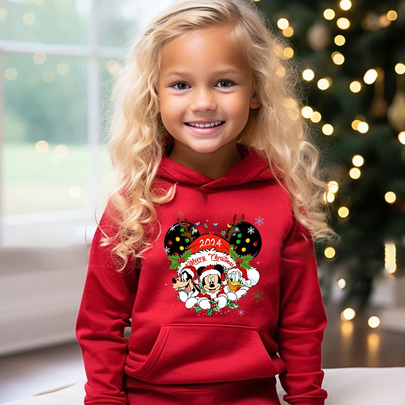 Mickey Christmas 2024 Hoodies Autumn and Winter Plus Velvet Sweater Holiday Gifts for Boys and Girls