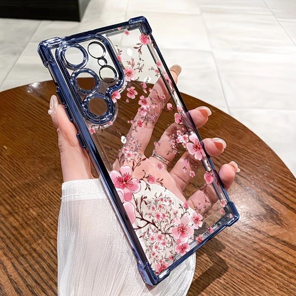 Cherry Blossom Electroplated Four-Corner Anti-Fall Phone Case For Samsung Galaxy S26 S25 S24 S23 S22 S21 Ultra Plus FE Cover ﻿