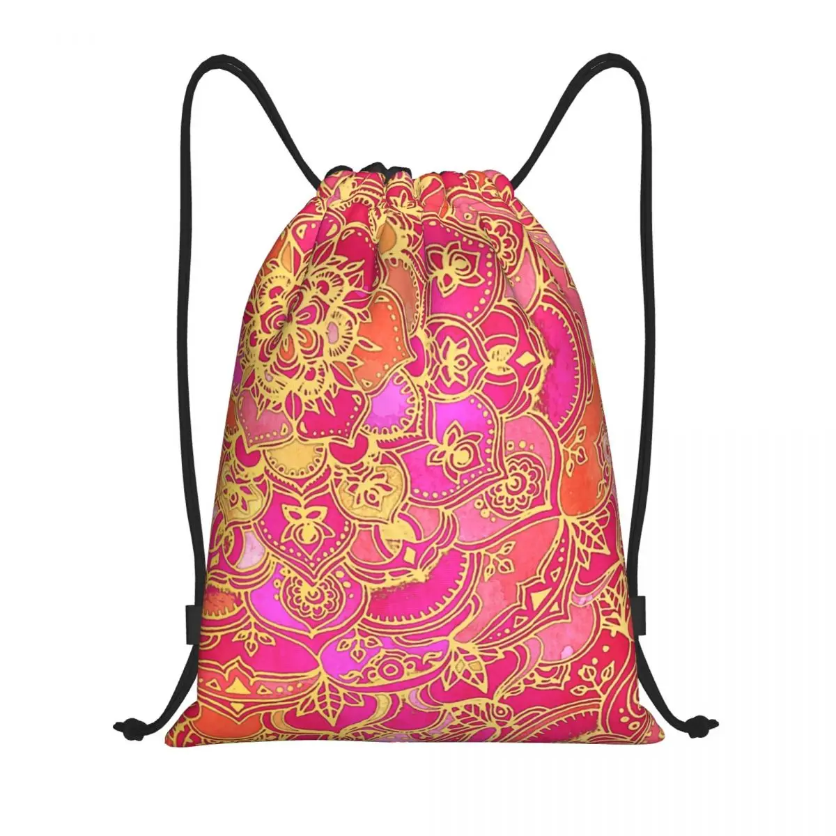Hot Pink And Gold Baroque Floral Pattern Drawstring Bag Men Women Foldable Sports Gym Sackpack Training Storage Backpacks