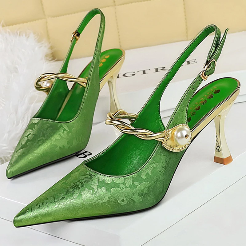 2024 New Ethnic Style Women Pumps Silks Satins High Heels Pointed Hollow Women Sandals Metal Heel Kitten Heels Sexy Party Shoes