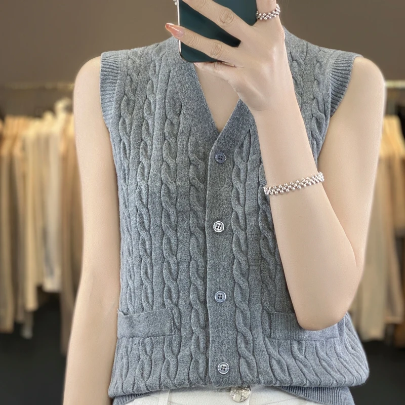 2023 kamizelka z dekoltem w kształcie litery V kaszmirowa kamizelka sweter damski sweter bez rękawów pure color casual luźna kamizelka z kaszmiru