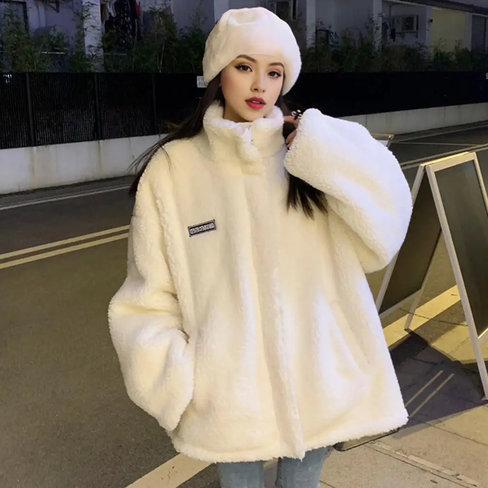 Loose Fit Women Jacket Warm Stylish Women's Winter Coat with Stand Collar Thick Fleece Lining Cold-proof Outerwear for School