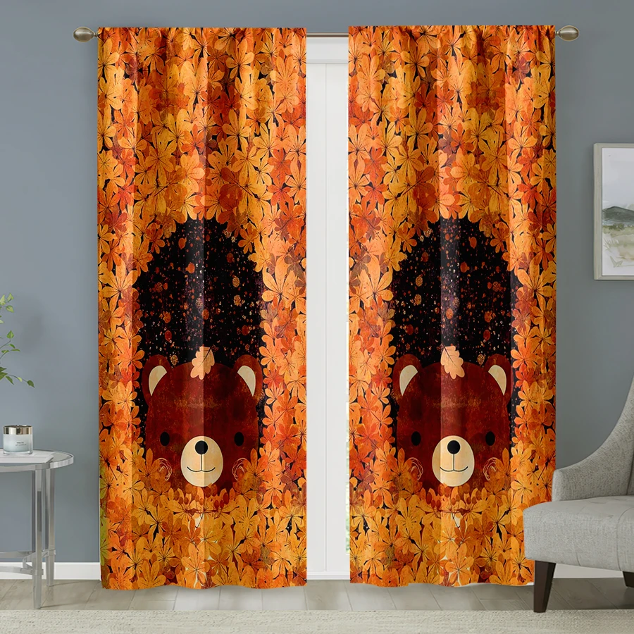 2PCS Digital Print Curtain, Dense Maple Leaves Hedgehog Bear Face, Fall Woodland Animal Cute Style for Living Room Bedroom Decor