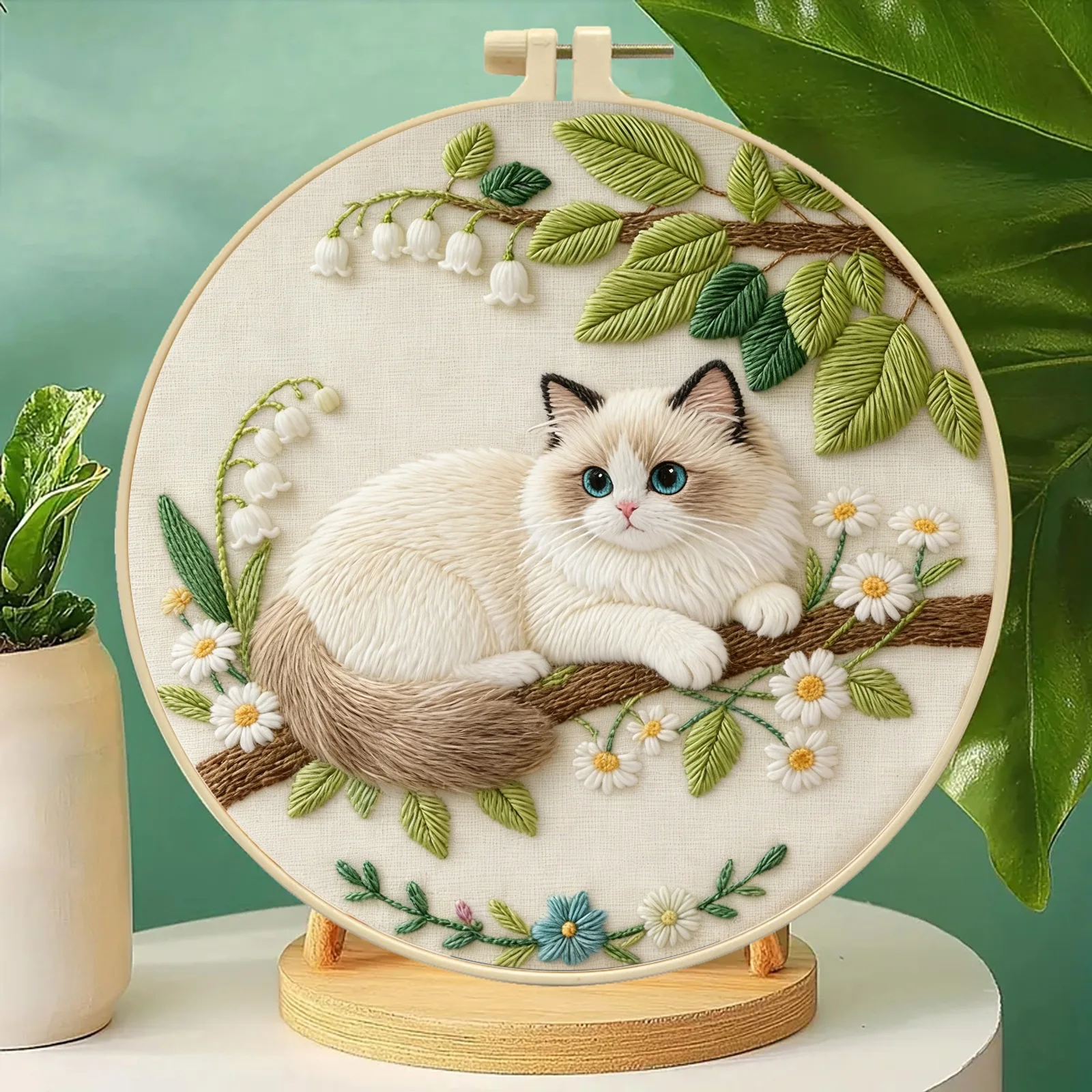 Spring Cat Embroidery Kit, Nordic Ins Style DIY Needlework, Living Room Handcraft Home Wall Decor