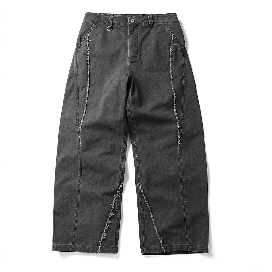 

American Vintage Washed Distressed Dune Style Raw-Hem Cargo Pants - Relaxed Fit Patchwork Straight-Leg Streetwear Trousers