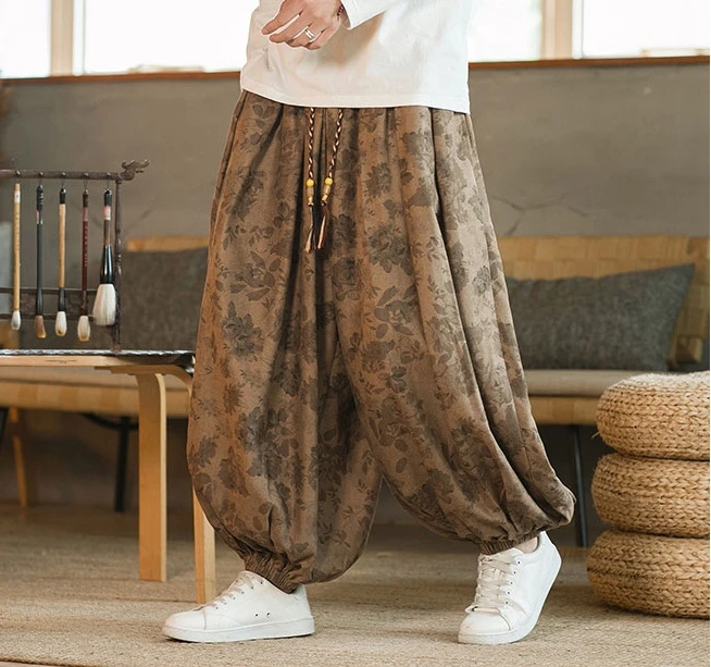 Pantaloni a gamba larga da uomo Pantaloni a gamba larga larghi in velluto a coste con fiori scuri in stile cinese Pantaloni a gamba larga larghi da uomo