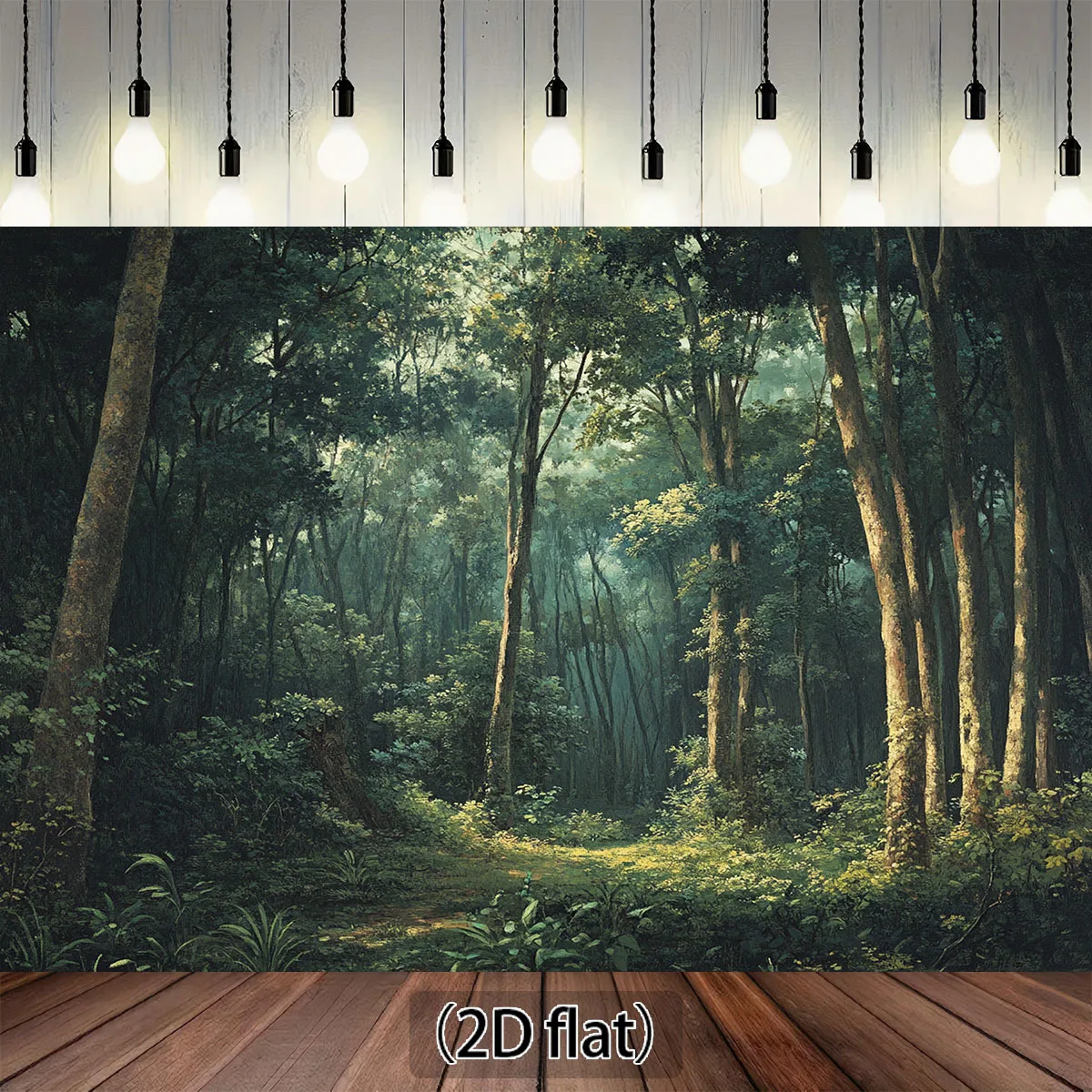 Ein Hintergrund mit Waldmotiv, ein flacher 2D-Polyester-Fotohintergrund mit dichten Bäumen, Grün, Sonnenlinien und Holzböden