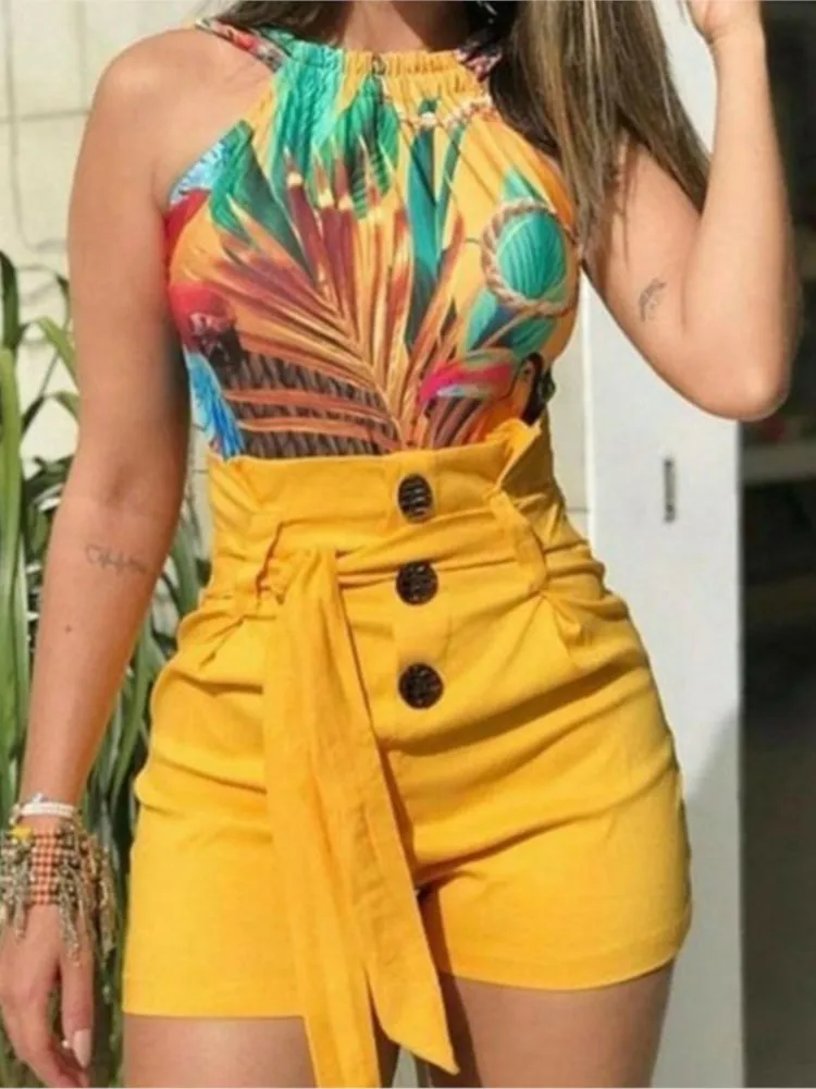 Y2K Five-quarter Pants Solid Color Button High Waist Strap Beach Summer Women's Casual Versatile Holiday Wide-leg Shorts Bottoms