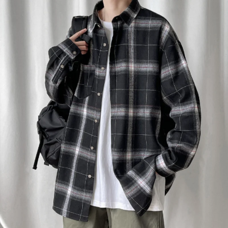 Korean Version Spring Autumn Men Plaid Shirt Ins High Street Long Sleeve Casual Loose Coat Men Clothing D0104