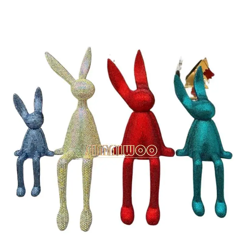 Custom Made Rhinestone Rabbit Statue Nordic Style Cute Shinning Animal Office Book Shelf Decorative Resin Craft Christmas Gift