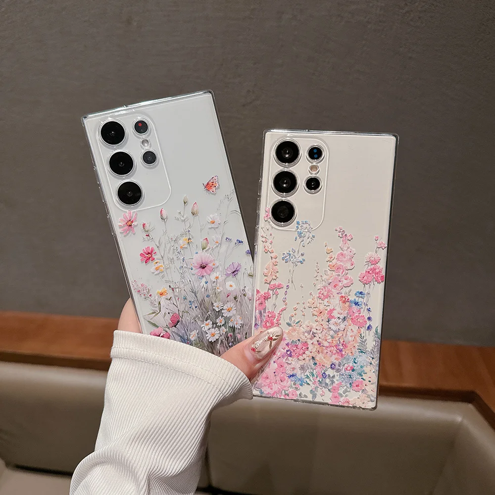 For Samsung Galaxy S21 S22 S23 S24 Ultra Plus FE Case Transparent Flower Shockproof Protection Soft silicone Cover Accessories