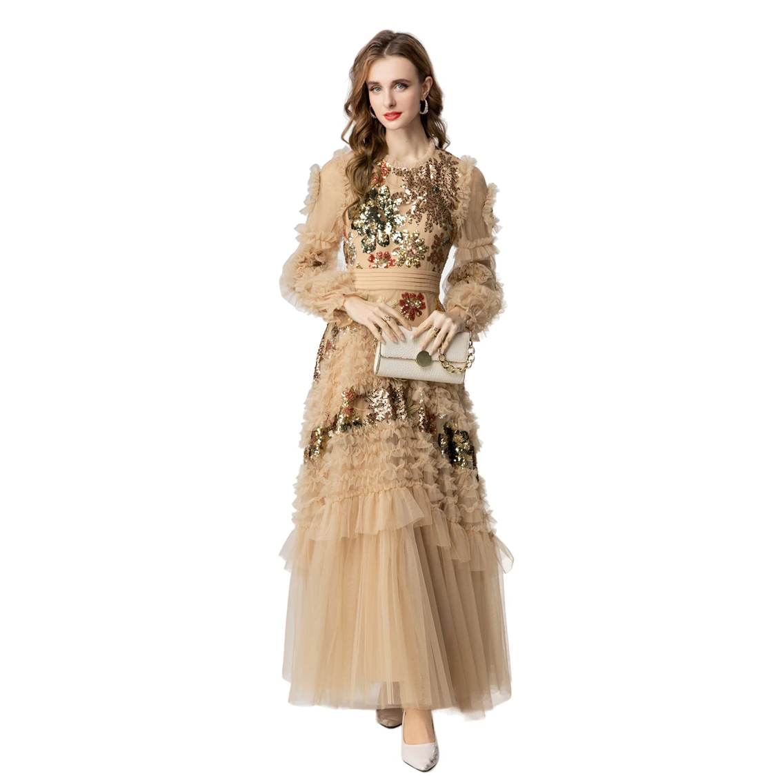 Vestido maxi feminino luxuoso de lantejoulas champanhe - embelezado com saia de tule em várias camadas, vestido de baile com mangas compridas bufantes S-4XL