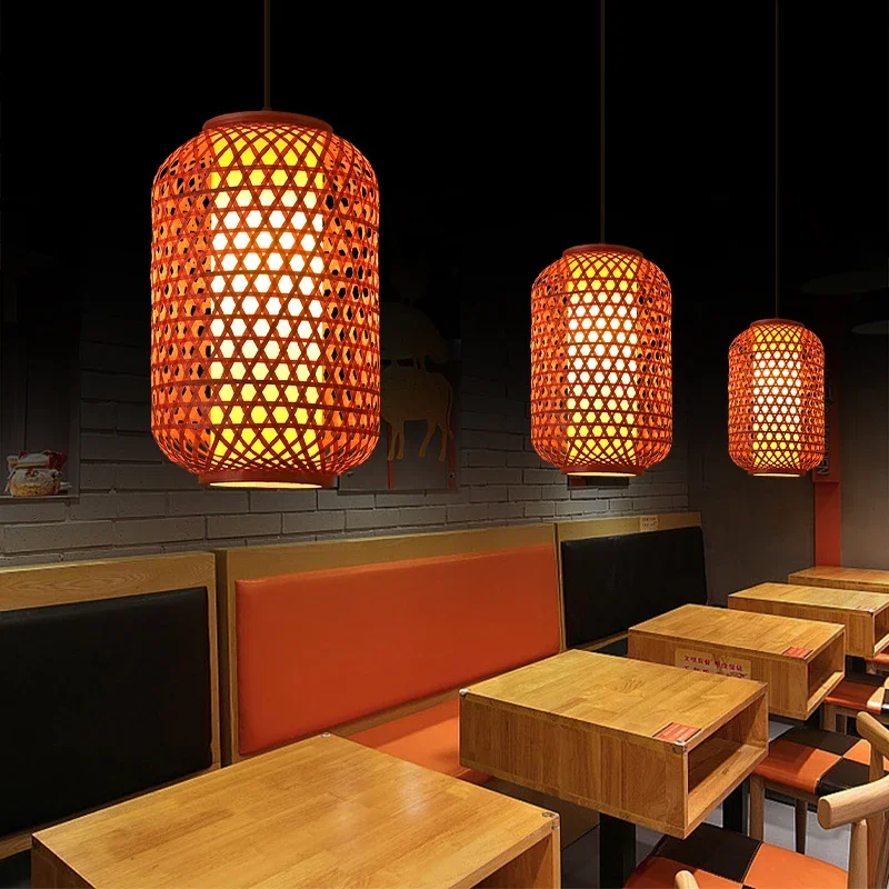 Bamboo Woven Lantern with Retro Style, Custom Printed Lampshade, Hot Pot Restaurant, Bamboo Art Restaurant Hostel Pendant Light