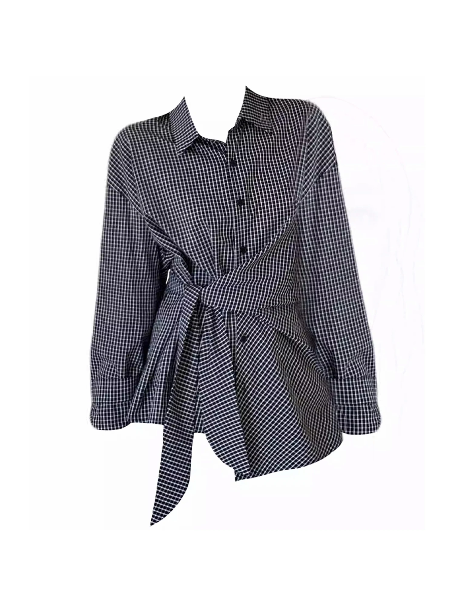 

Women's Grey Plaid Long Sleeve Polo-Neck Shirts and Blouses Vintage 90s Aesthetic Elegant Y2k 2000s Lace-up Shirt Clothes Autumn