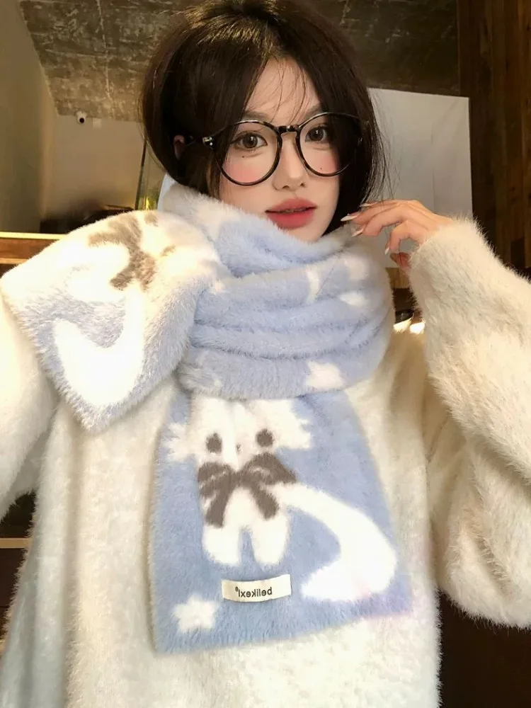 Cute Blue Cat Plush Scarf for Women Scarves Winter Student-Inspired Vibe Thick Warm Cold-Resistant Neck Warmer Hijabs Poncho