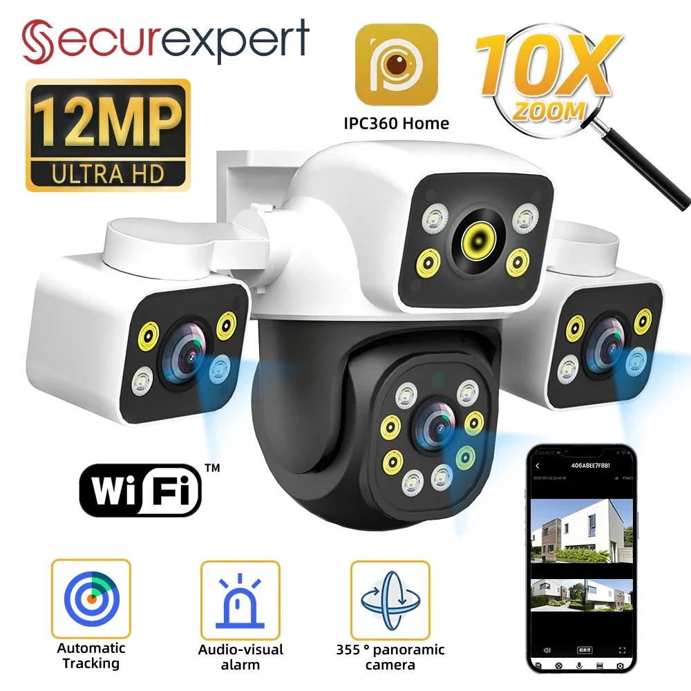 

Securexpert 12MP WIFI 10X Optics Zoom Outdoor WiFi Cam Three Screen 3 Lens PTZ Automatic Tracking Audible Visual Alarm Camera
