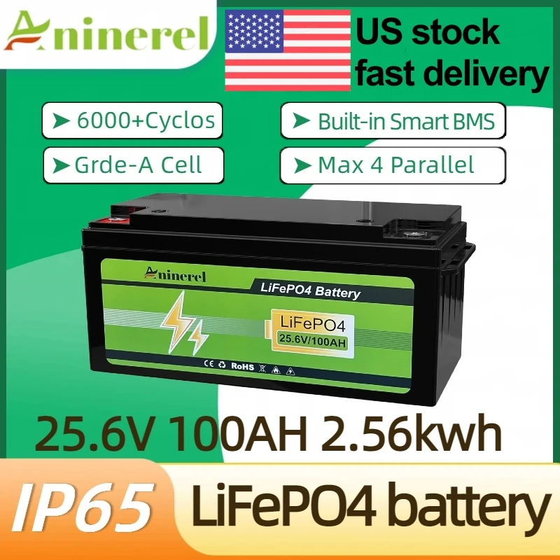 Aninerel 24V 100Ah LiFePO4 Solar Battery 2.56KWh Lithium Battery Pack IP65 waterproof rating Grade A Cells 6000+ Cycle For Home energy storage 25.6V-100AH