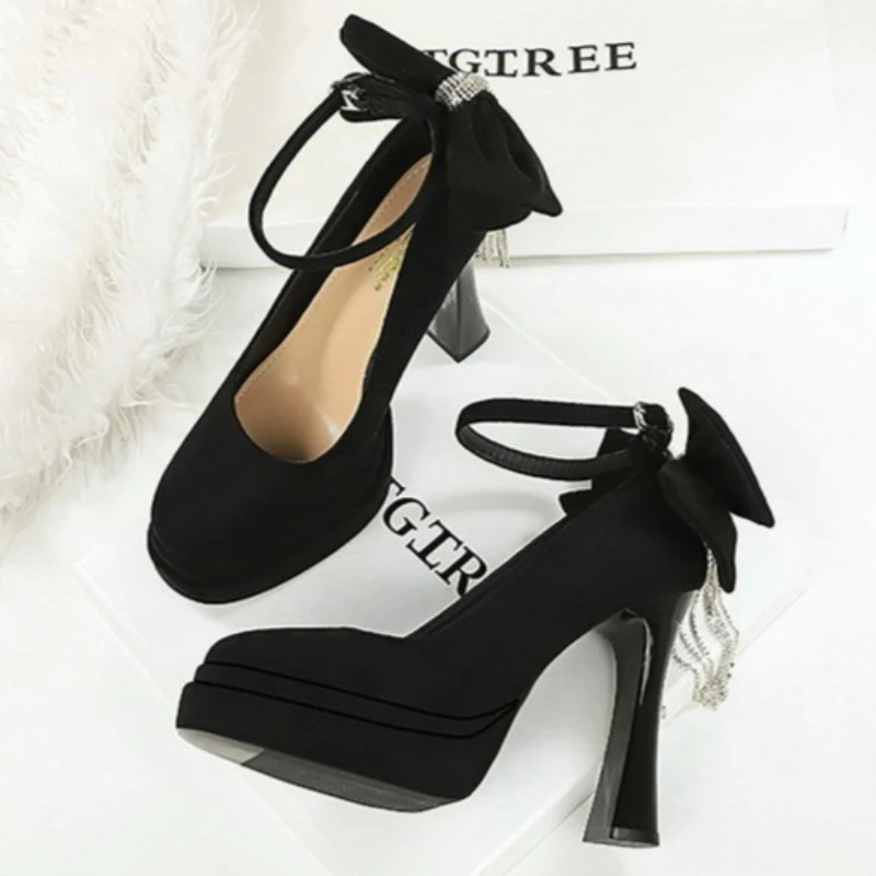High Heels Women 2026 Summer New Fashion Suede Face Pointed Toe High Heel Sandals Bow One Word Buckle Thick Heel Women's Shoes view 3