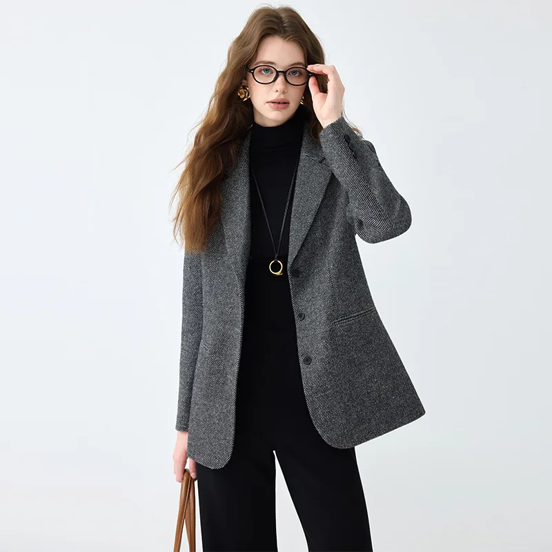 High quality woolen women blazer long sleeve jacket single breasted autumn winter 2025 elegant office clothes grey brown