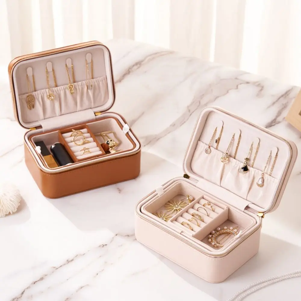 

Double Layer Jewelry Storage Case PU Leather Multi-function Jewelry Boxes Zipper Portable Jewelry Organizer