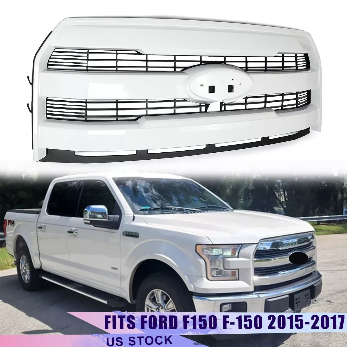 Front Racing Grill for Ford F-150 Front Grille 2015-2017 Car Bumper Mesh Grids Oxford White YZ, Z1 With Camera Hole Lariat Style