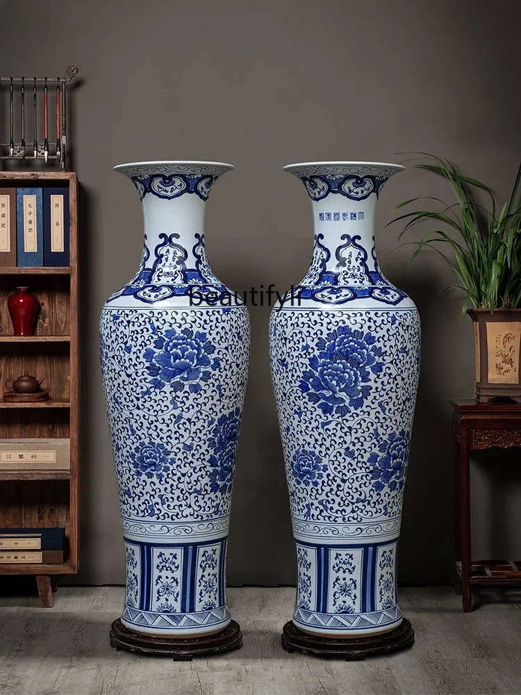 Jingdezhen Ceramic Floor Vase Chinese Hand-Painted Blue and White Porcelain Decoration Company Opening Large Porcelain Bottle