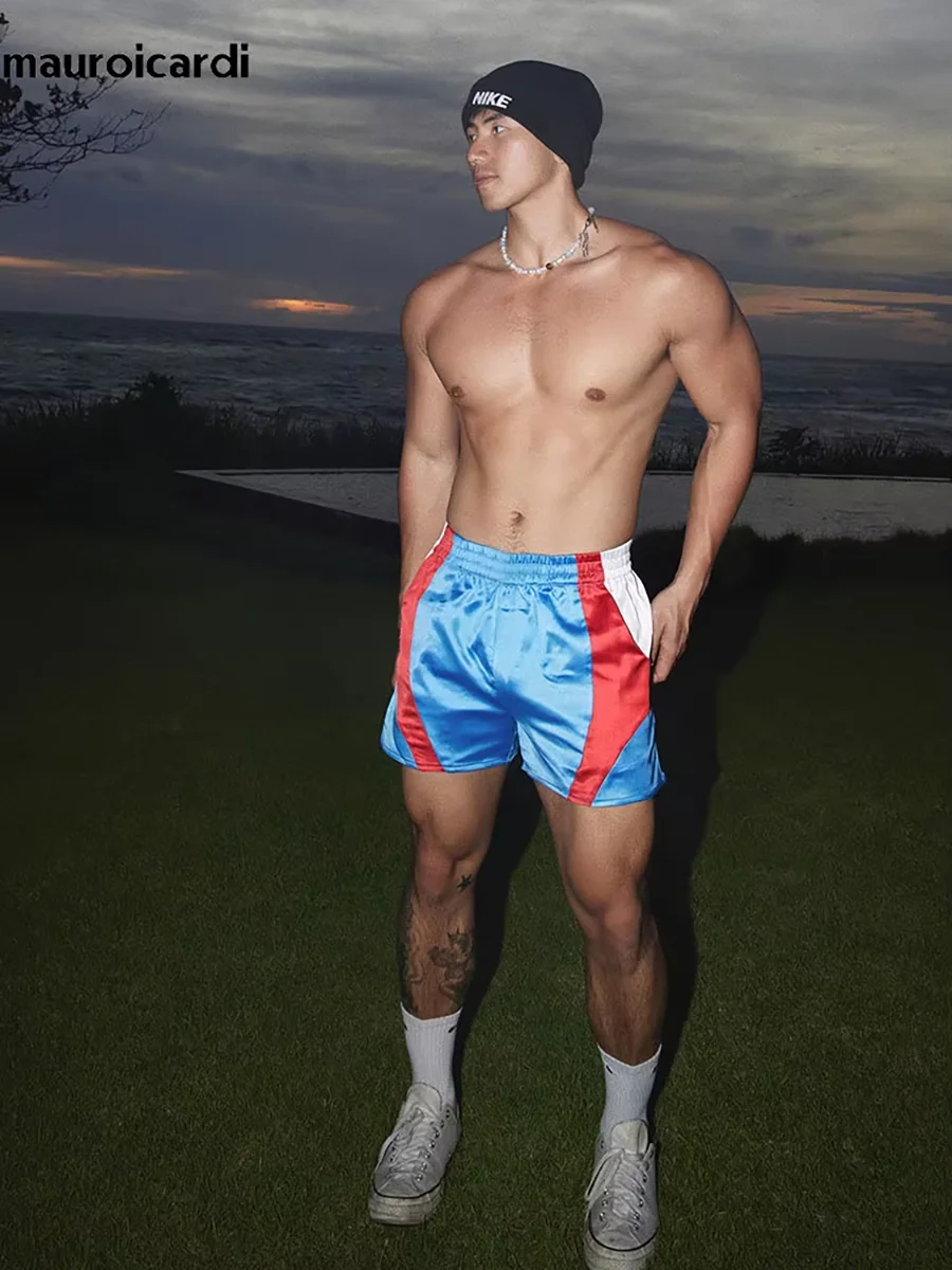 Mauroicardi Spring Summer Color Block Patchwork Satin Shorts for Men High Waist Luxury American Retro Pants Menswear Clothing
