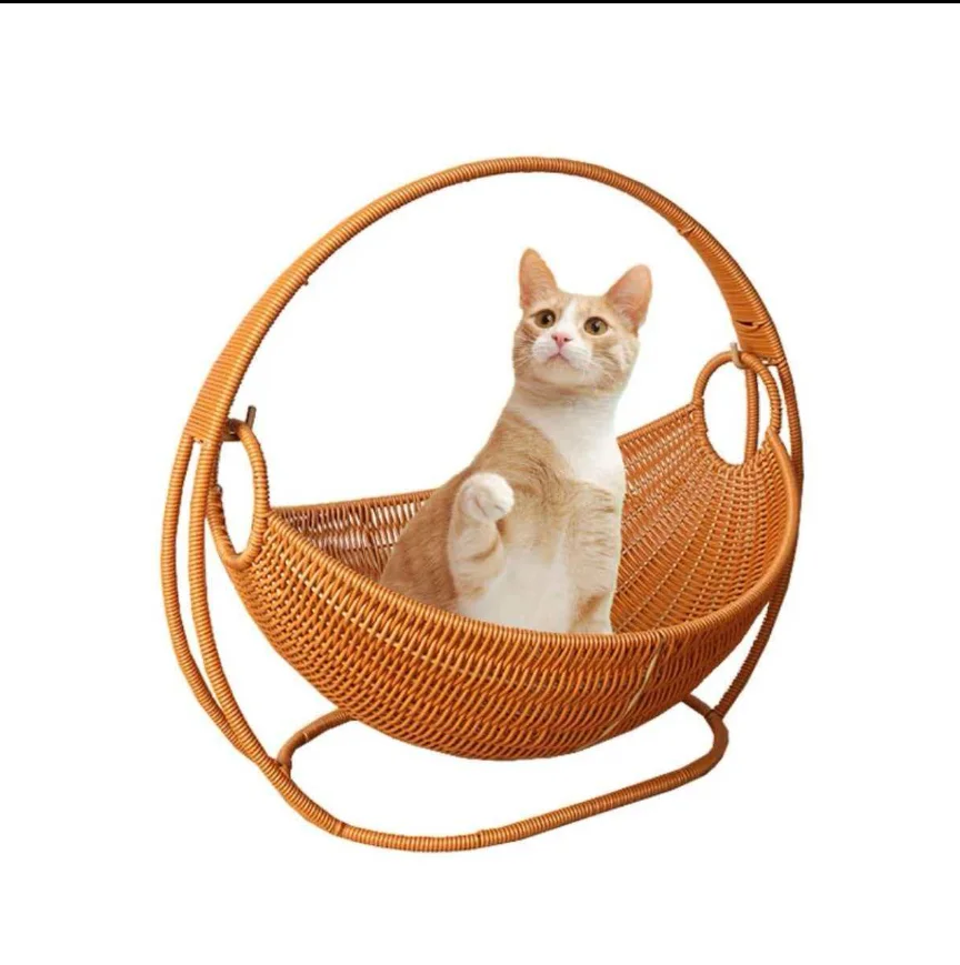 Freestanding 2-in-1 Detachable PE Rattan Cat Swing Bed, Breathable Washable Wicker Hammock Nest for Small Kittens & Cats Up to 5