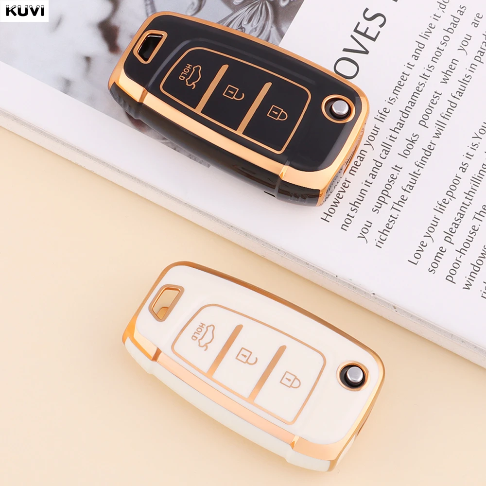 غطاء مفتاح السيارة الذهبي من البولي يوريثان الحراري القابل للطي لشركة هيونداي إلنترا سولاريس توكسون I30 I35 I40 كونا جينيسيس سانتا في أزيرا حامل شل