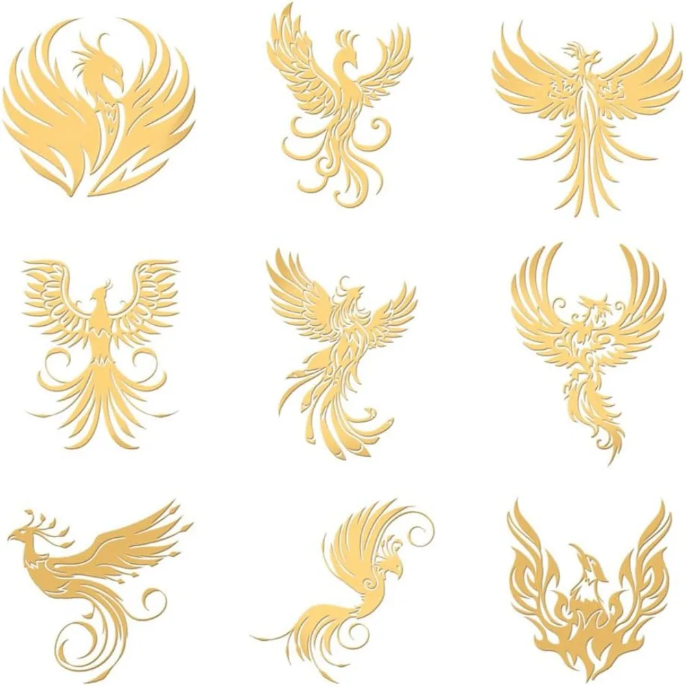 9pcs 1.6x1.6 Inch Phoenix Theme Stickers Fire Phoenix Stamp Stickers Self Adhesive Gold Metal Stickers Fiery Phoenix Metal