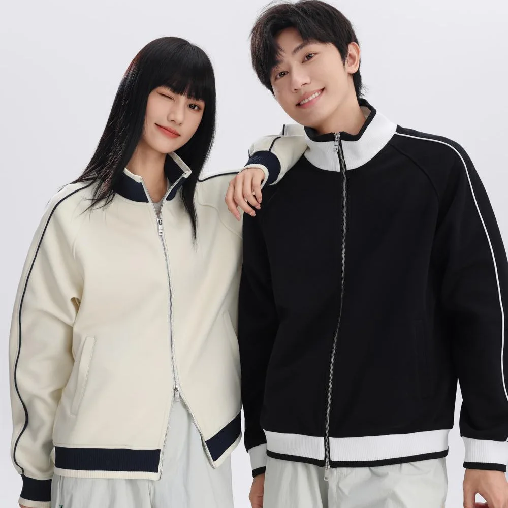 

American retro double zipper contrasting striped stand-up neck sweater spring and autumn tide brand high-end sports jacket